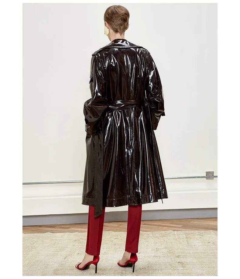 Long Black Patent Leather Trench Coat with Double Breasted Buttons