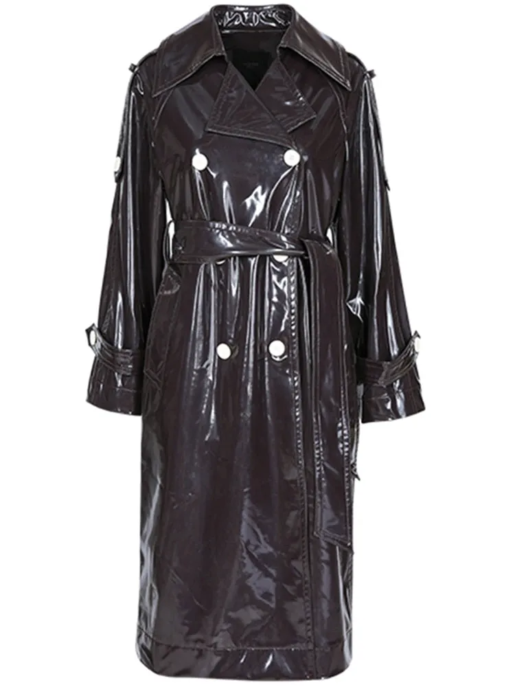 Long Black Patent Leather Trench Coat with Double Breasted Buttons