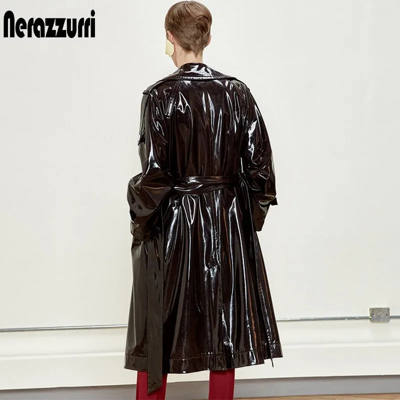 Long Black Patent Leather Trench Coat with Double Breasted Buttons