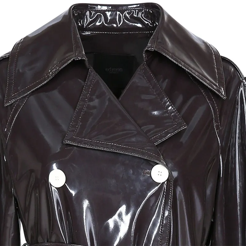 Long Black Patent Leather Trench Coat with Double Breasted Buttons