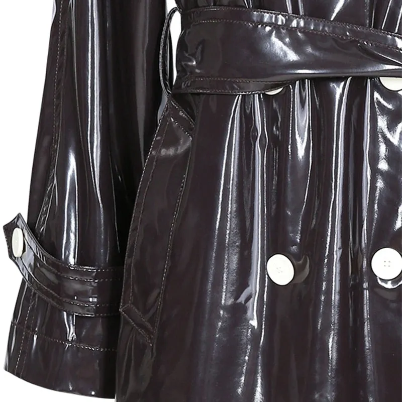 Long Black Patent Leather Trench Coat with Double Breasted Buttons