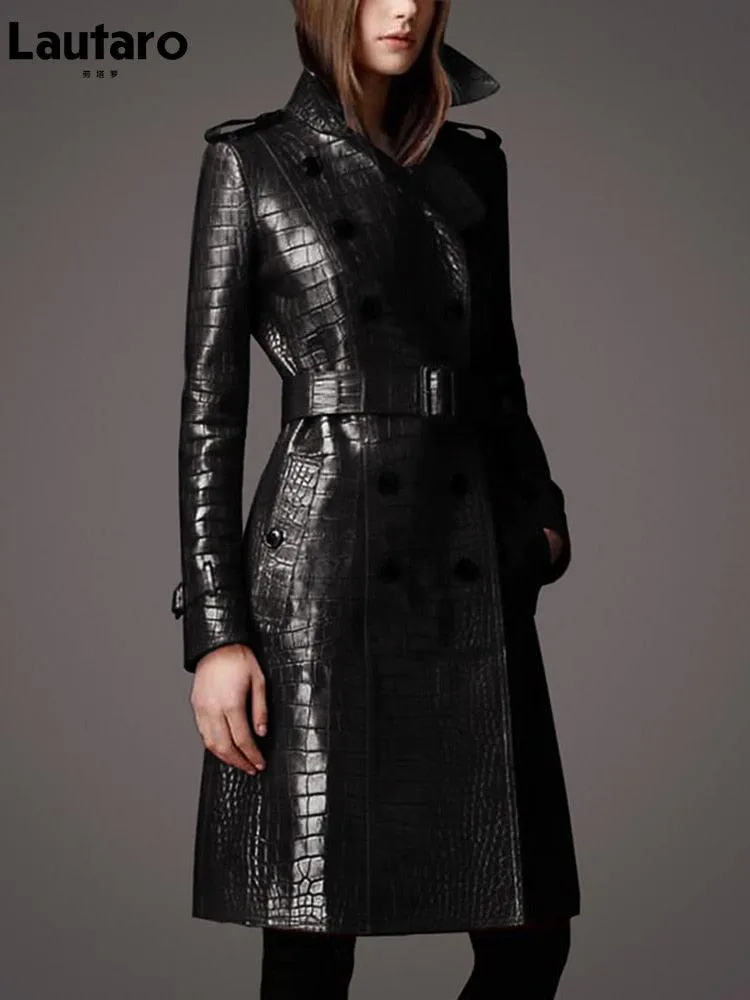 Long Crocodile Faux Leather Trench Coat for Women Belt Double Breasted Elegant