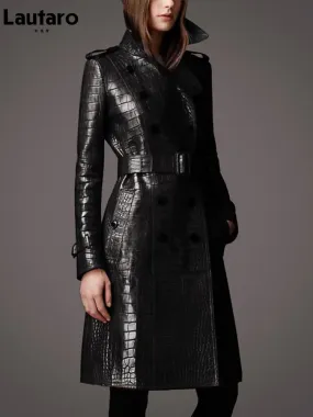 Long Crocodile Faux Leather Trench Coat for Women Belt Double Breasted Elegant