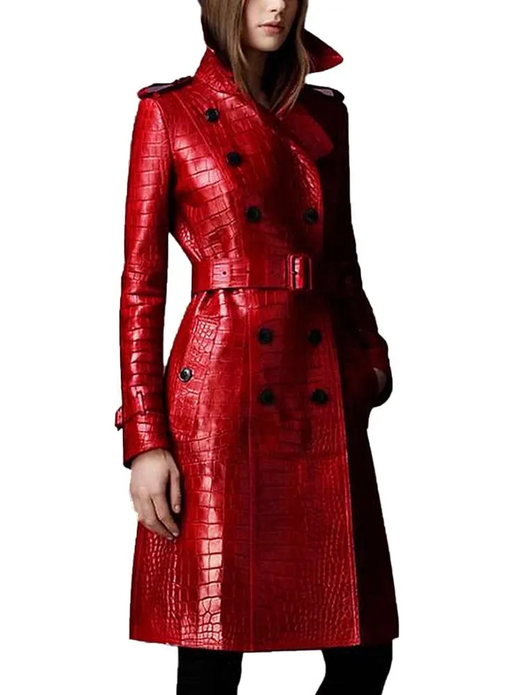 Long Crocodile Faux Leather Trench Coat for Women Belt Double Breasted Elegant