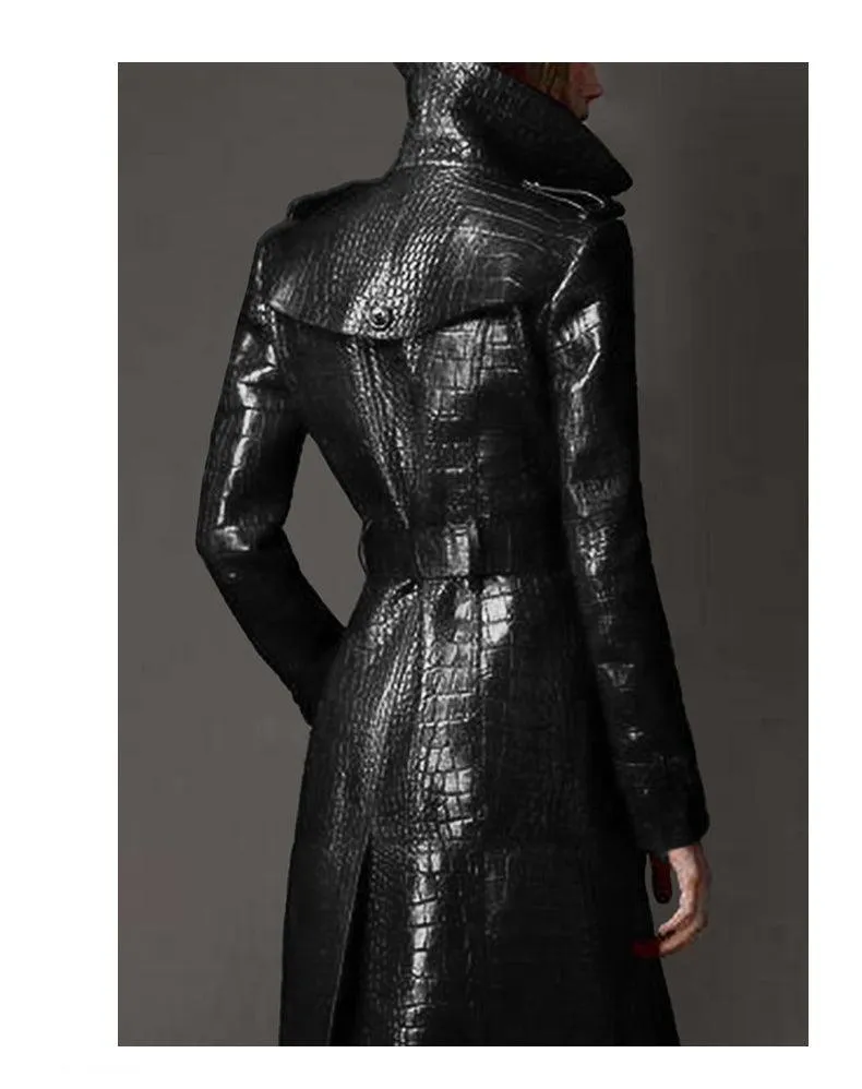 Long Crocodile Faux Leather Trench Coat for Women Belt Double Breasted Elegant