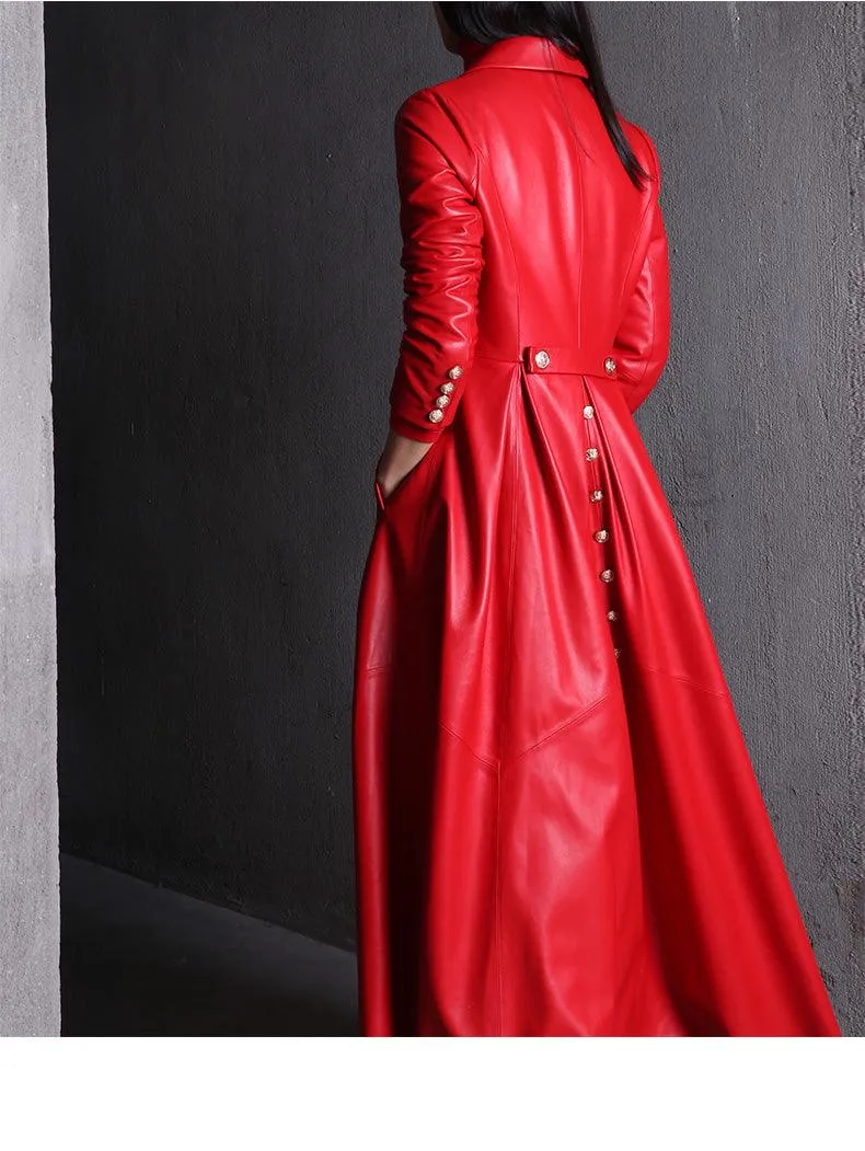 Long Skirted Faux Leather Trench Coat with Double Breasted Design for Women - Elegant and Luxurious