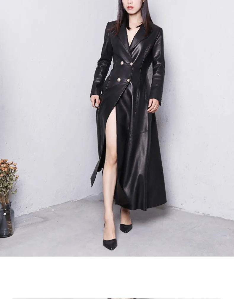 Long Skirted Faux Leather Trench Coat with Double Breasted Design for Women - Elegant and Luxurious