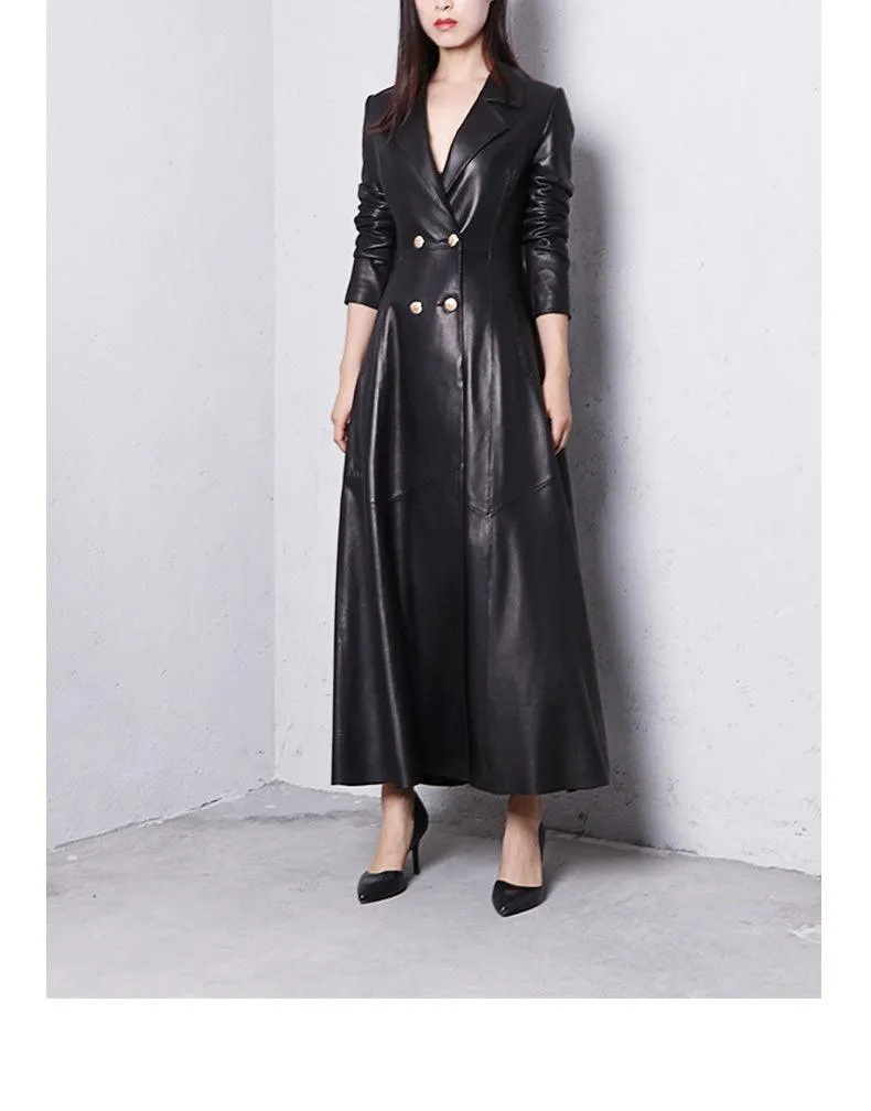 Long Skirted Faux Leather Trench Coat with Double Breasted Design for Women - Elegant and Luxurious