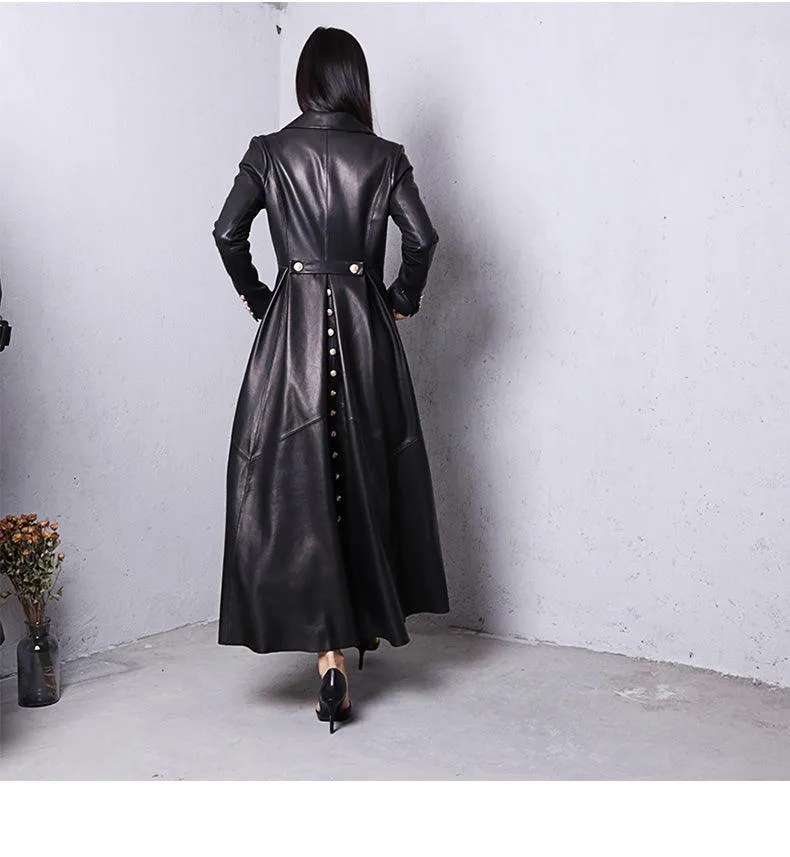 Long Skirted Faux Leather Trench Coat with Double Breasted Design for Women - Elegant and Luxurious