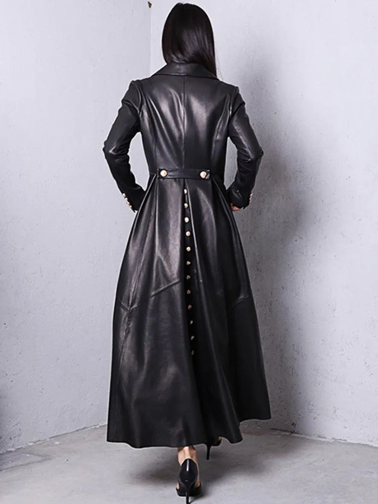 Long Skirted Faux Leather Trench Coat with Double Breasted Design for Women - Elegant and Luxurious