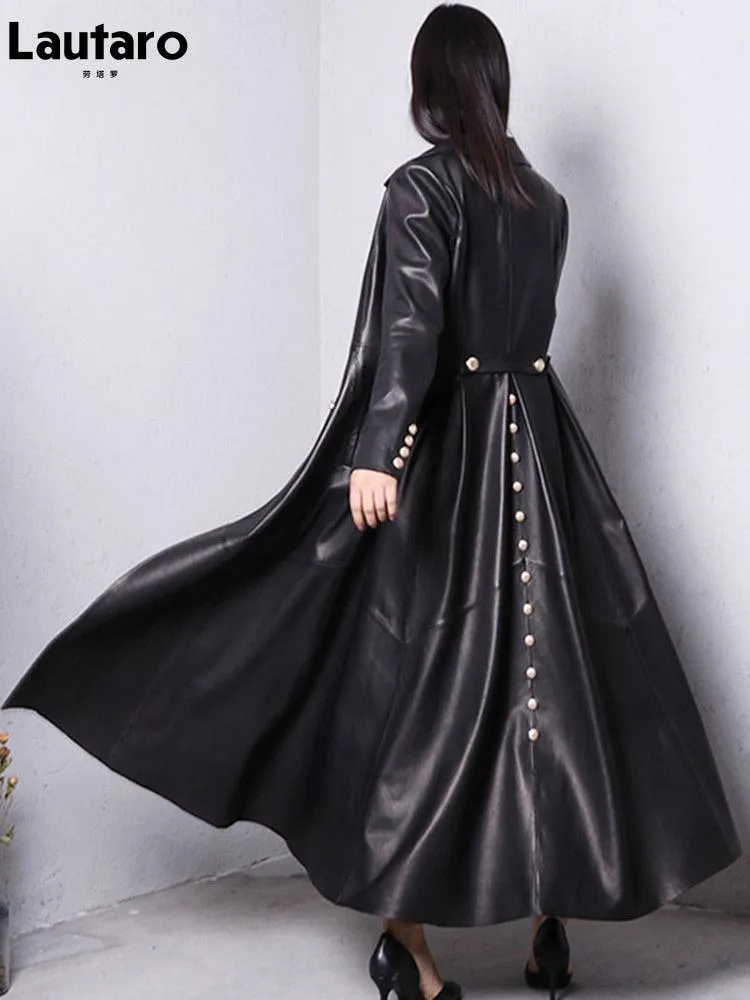 Long Skirted Faux Leather Trench Coat with Double Breasted Design for Women - Elegant and Luxurious