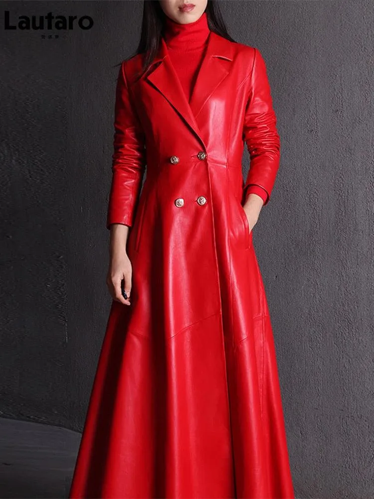 Long Skirted Faux Leather Trench Coat with Double Breasted Design for Women - Elegant and Luxurious