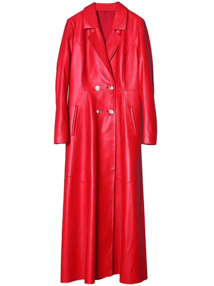 Long Skirted Faux Leather Trench Coat with Double Breasted Design for Women - Elegant and Luxurious