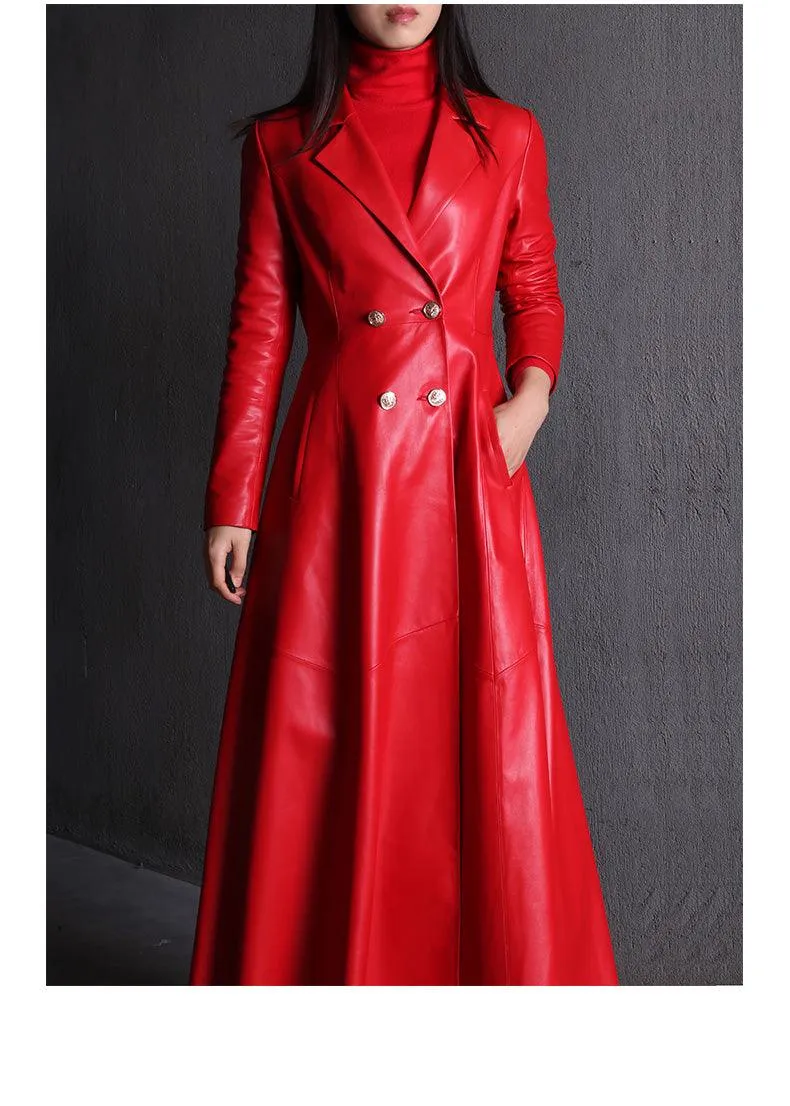 Long Skirted Faux Leather Trench Coat with Double Breasted Design for Women - Elegant and Luxurious