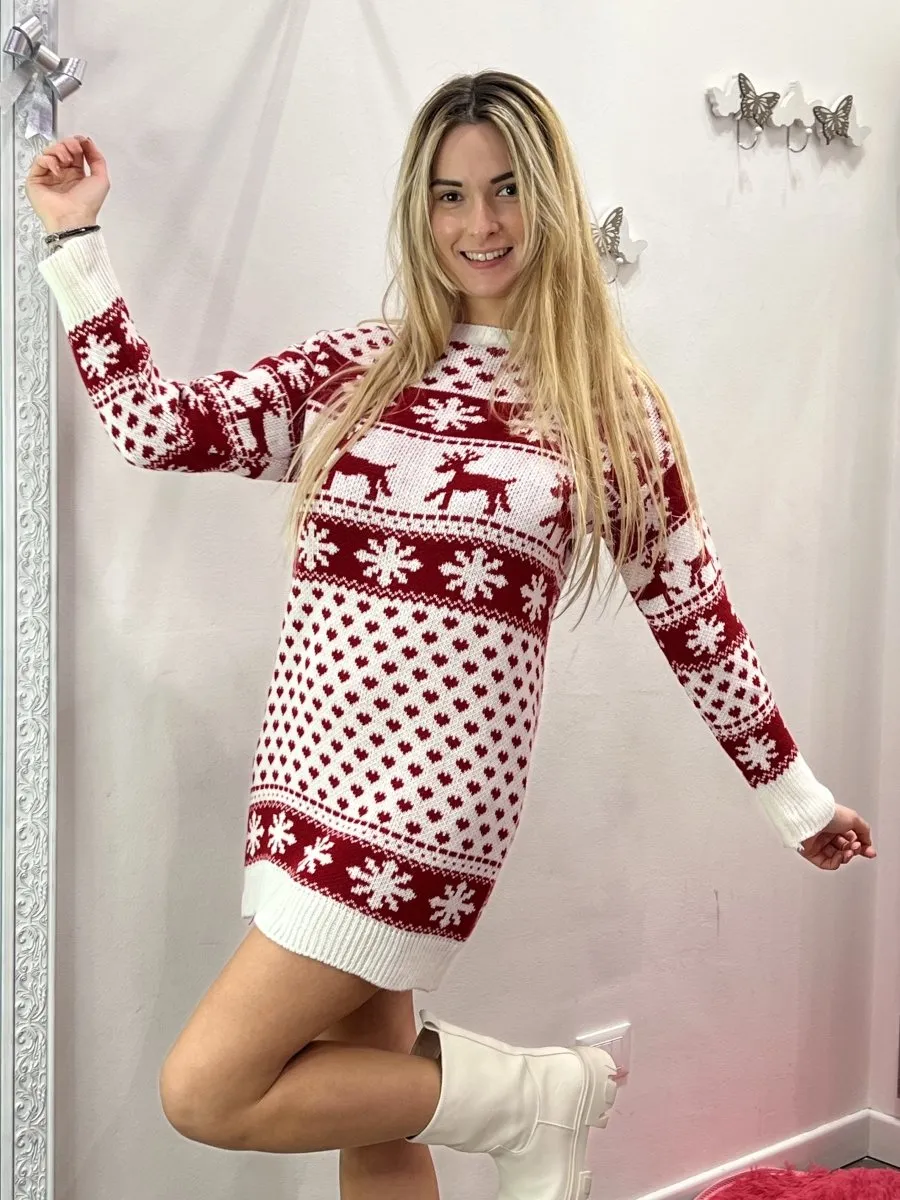 Maglione lungo natalizio Magic Christmas bianco e rosso