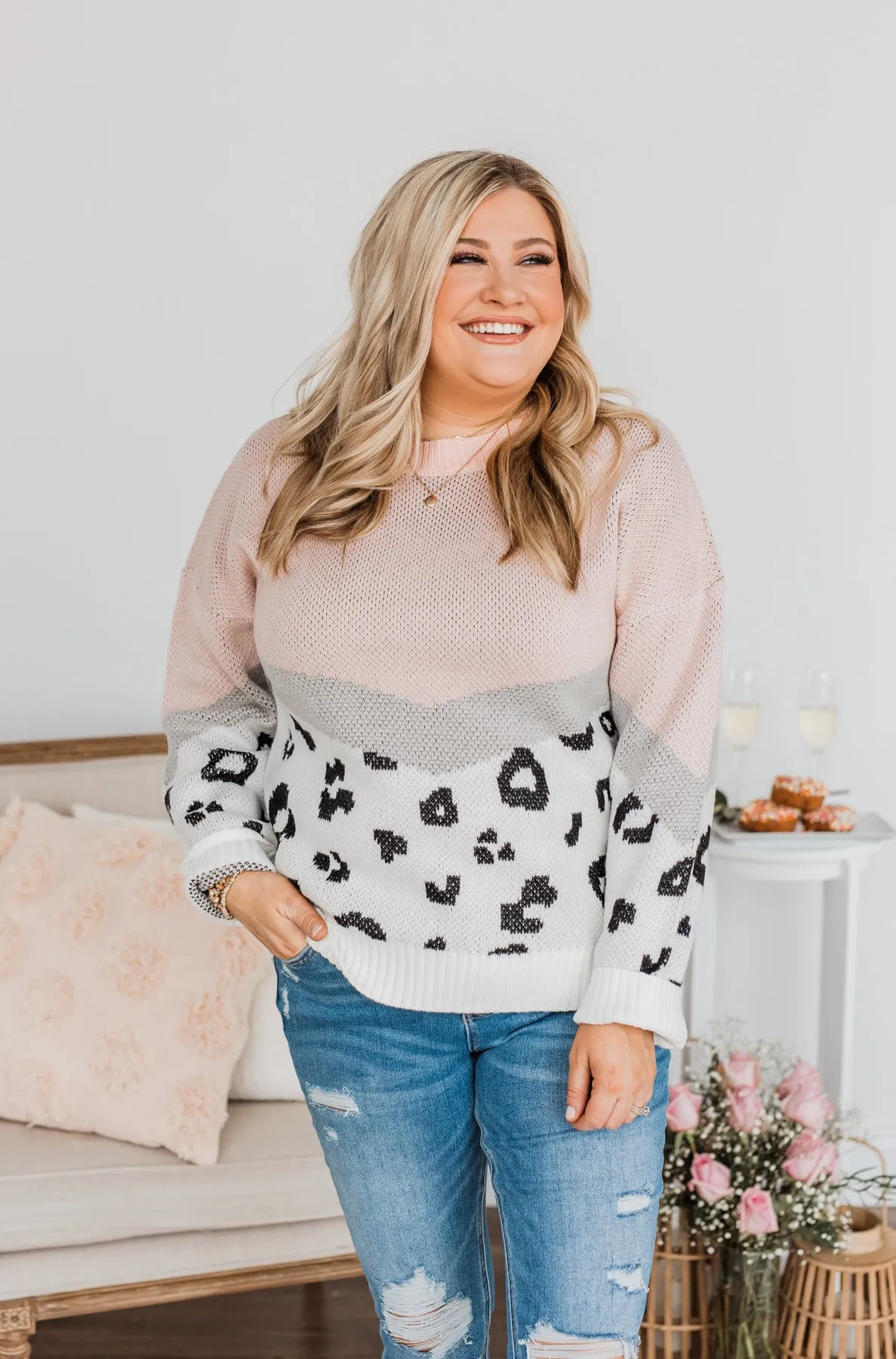 Makes My Heart Melt Color Block Sweater- Blush, Grey, & Ivory