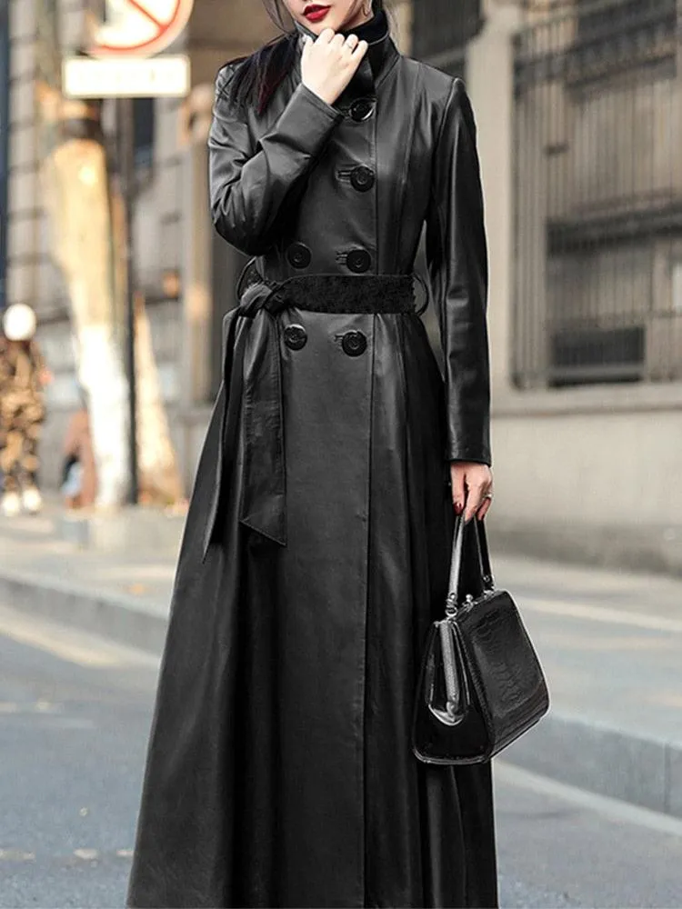 Maxi Leather Trench Coat Double Breasted Long Sleeve with Skirted Design for Elegant and Luxurious Women