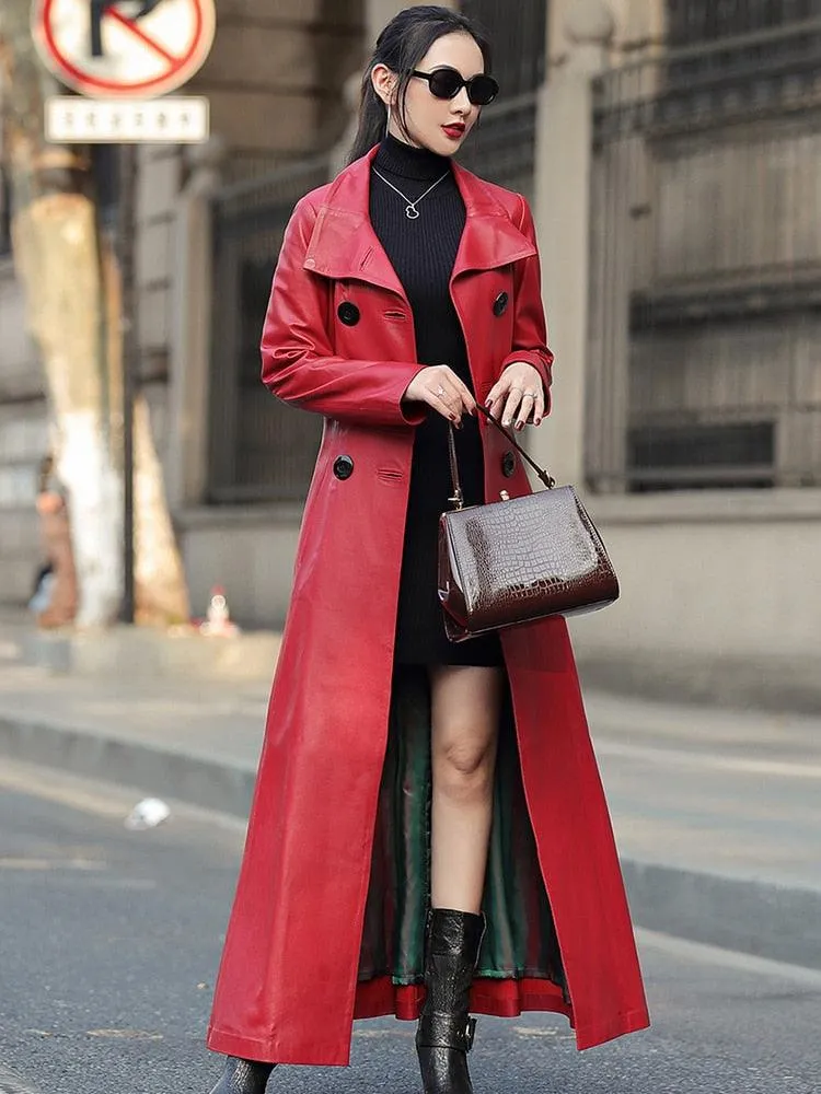 Maxi Leather Trench Coat Double Breasted Long Sleeve with Skirted Design for Elegant and Luxurious Women