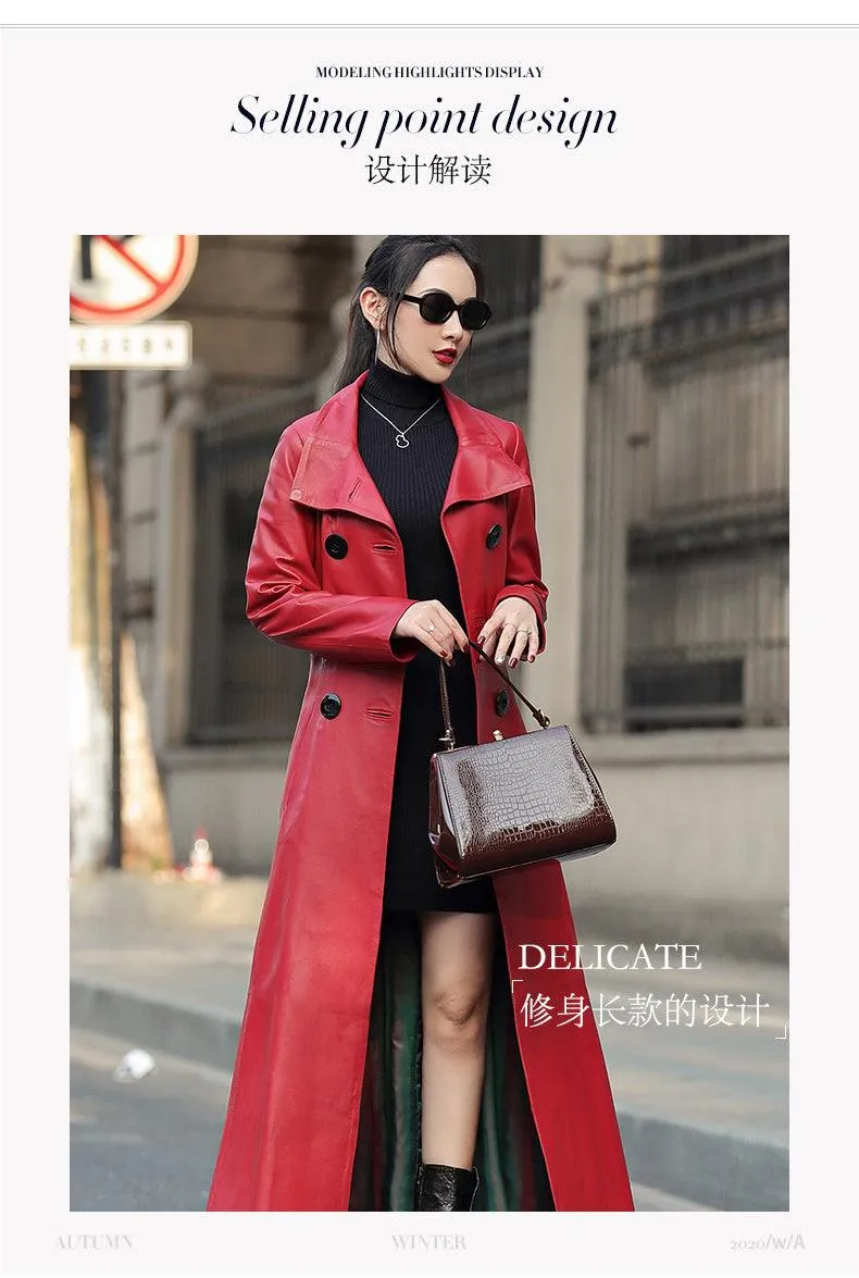 Maxi Leather Trench Coat Double Breasted Long Sleeve with Skirted Design for Elegant and Luxurious Women