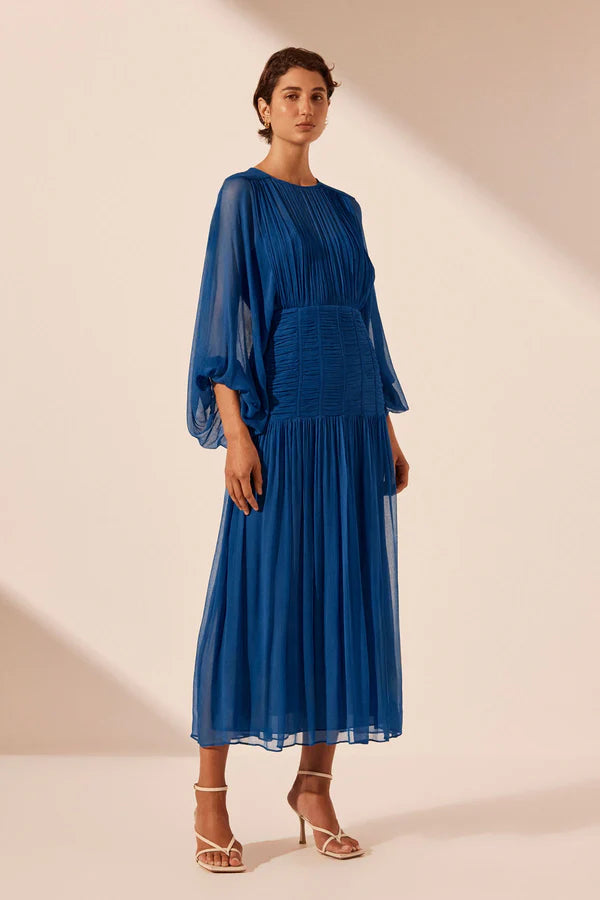 Maya Ruched Panelled Midi Dress - Strong Blue