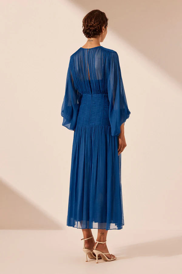 Maya Ruched Panelled Midi Dress - Strong Blue