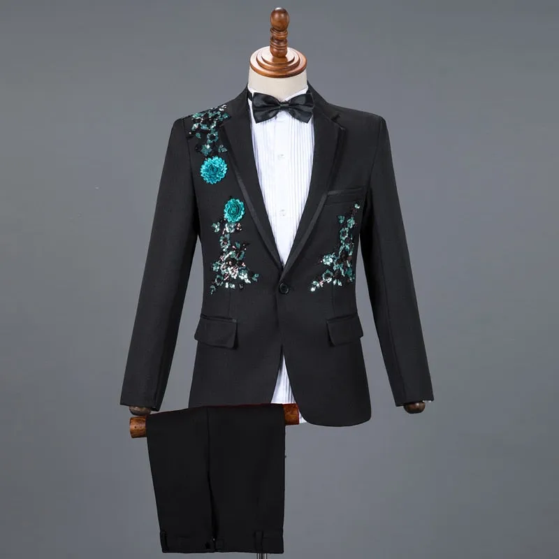 Men's Black Floral Tuxedo Slim Fit Blazer Pants Bow Tie Three-Piece Suit On Clearance