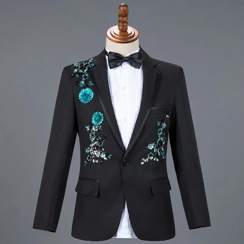 Men's Black Floral Tuxedo Slim Fit Blazer Pants Bow Tie Three-Piece Suit On Clearance