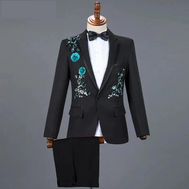 Men's Black Floral Tuxedo Slim Fit Blazer Pants Bow Tie Three-Piece Suit On Clearance