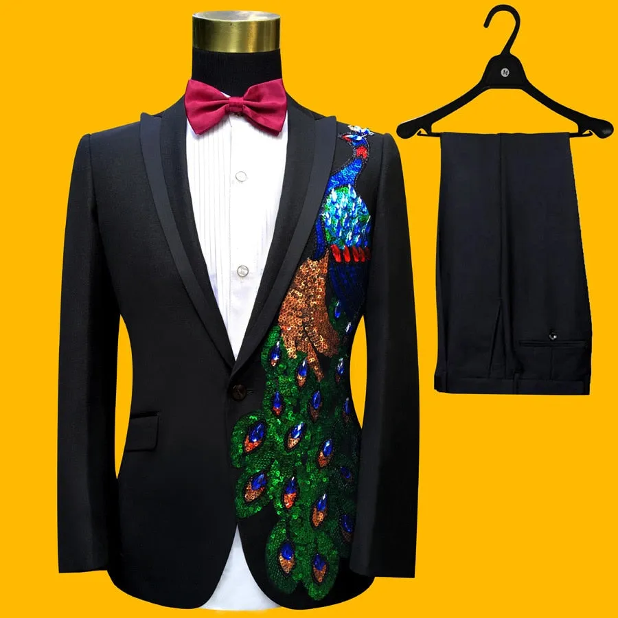 Men's Black Peacock Beads Skinny Fit Tuxedo Jacket Pants Two-Piece Suit