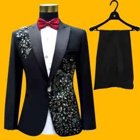 Men's Black Polyester Beaded Slim Fit Tuxedo Jacket Pants Two-Piece Suit