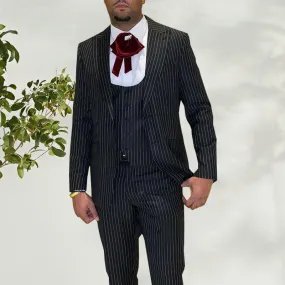 Men's Black Striped Pattern Pants Slim Fit Tuxedo Three-Piece Suit