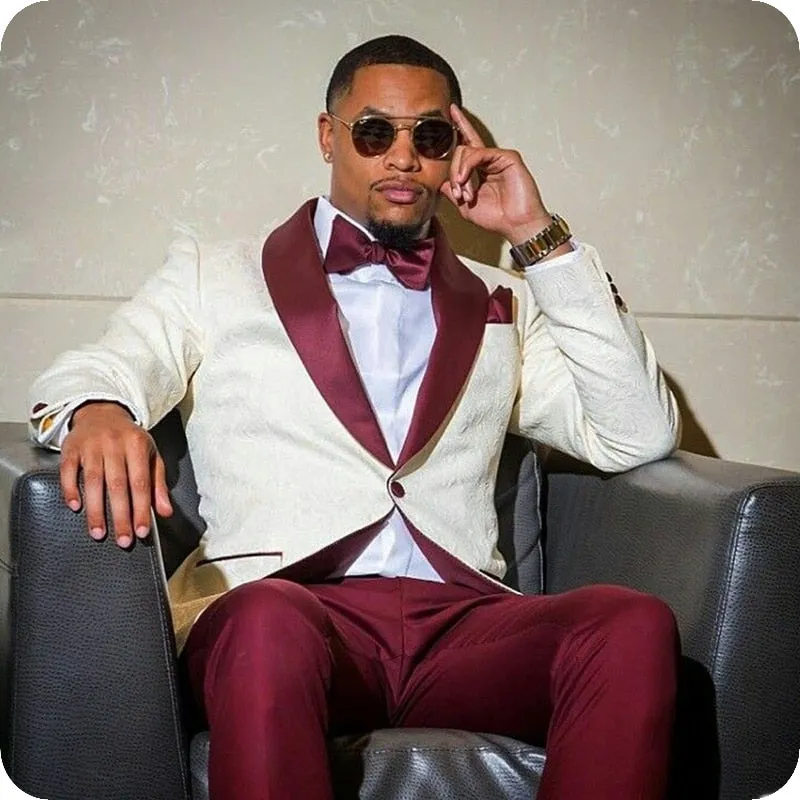 Men's Burgundy Formal Lapel Tuxedo Wedding Business Jacket Pants on Clearance