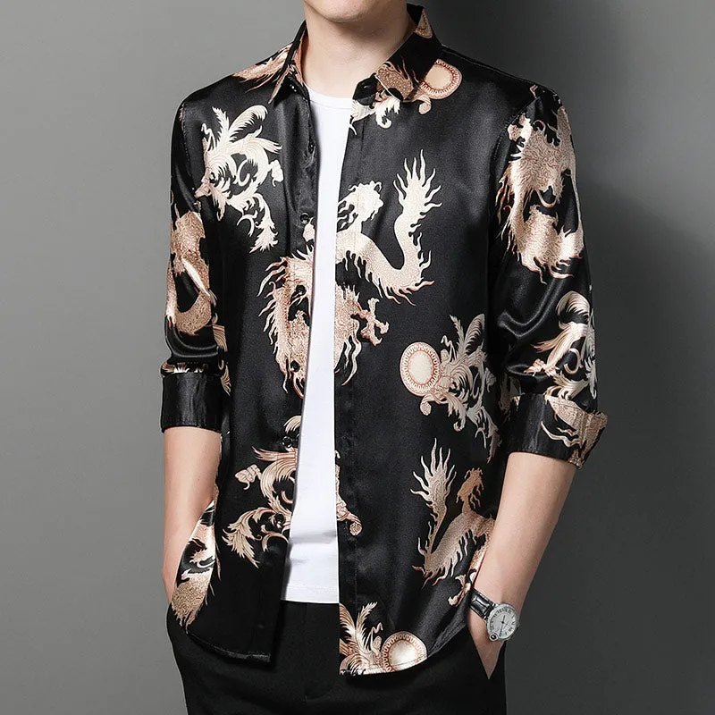 Men's Casual Korean Fashion Dragon Printed Luxury Long Sleeve Shirt