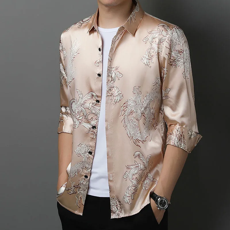 Men's Casual Korean Fashion Dragon Printed Luxury Long Sleeve Shirt