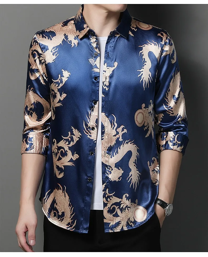 Men's Casual Korean Fashion Dragon Printed Luxury Long Sleeve Shirt