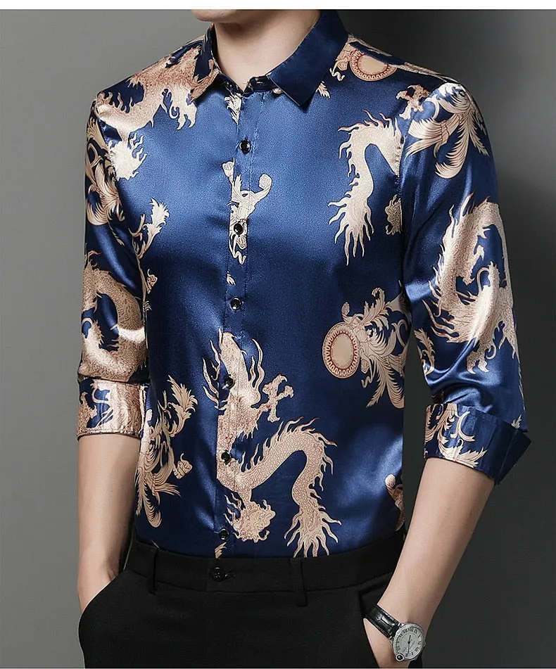 Men's Casual Korean Fashion Dragon Printed Luxury Long Sleeve Shirt