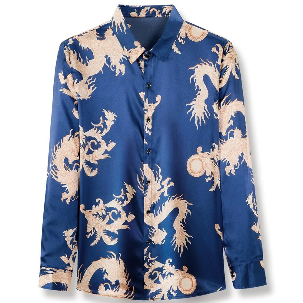 Men's Casual Korean Fashion Dragon Printed Luxury Long Sleeve Shirt