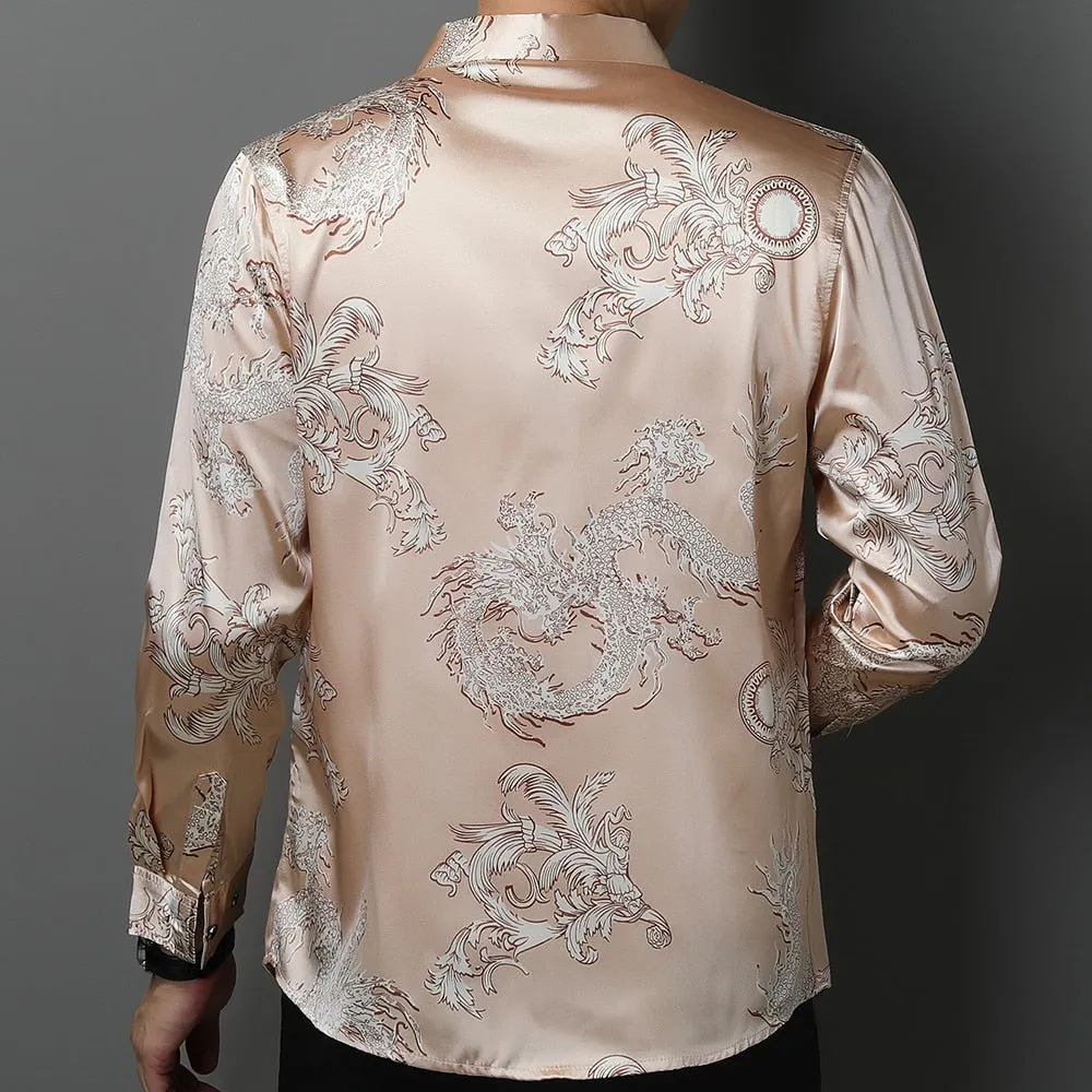 Men's Casual Korean Fashion Dragon Printed Luxury Long Sleeve Shirt