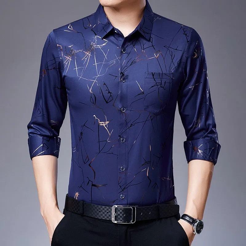 Men's Casual Korean Fashion Square Collar Long Sleeve Luxury Shirt