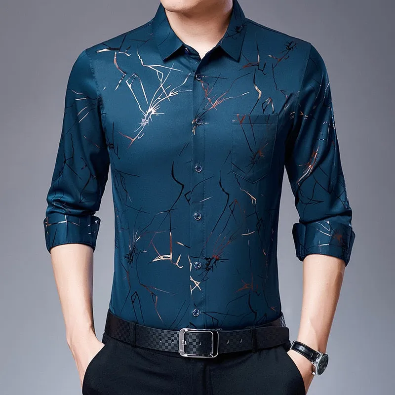 Men's Casual Korean Fashion Square Collar Long Sleeve Luxury Shirt