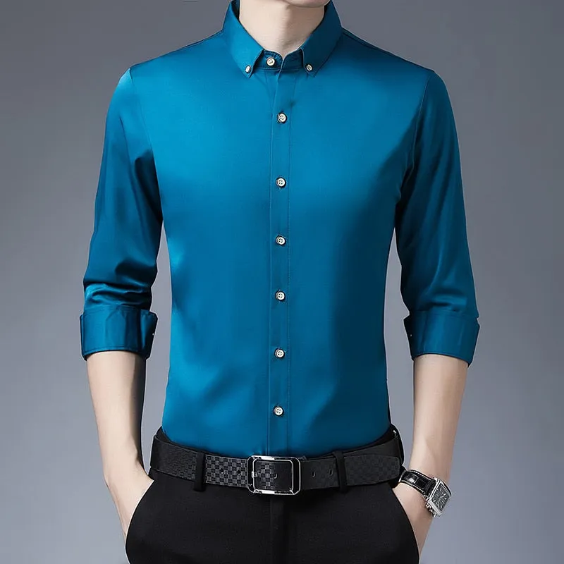 Men's Casual Luxury Korean Fashion Solid Color Long Sleeve Shirt