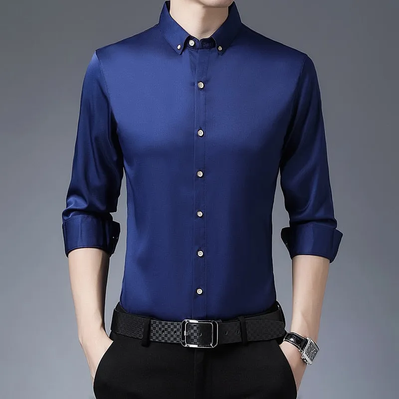 Men's Casual Luxury Korean Fashion Solid Color Long Sleeve Shirt