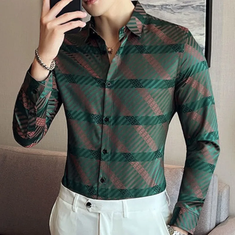 Men's Casual Printed Pattern Slim Fit Tuxedo Streetwear Long Sleeve Shirt