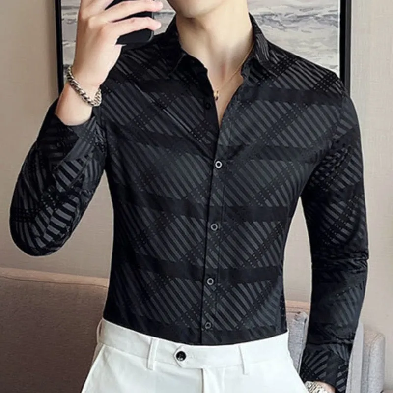 Men's Casual Printed Pattern Slim Fit Tuxedo Streetwear Long Sleeve Shirt