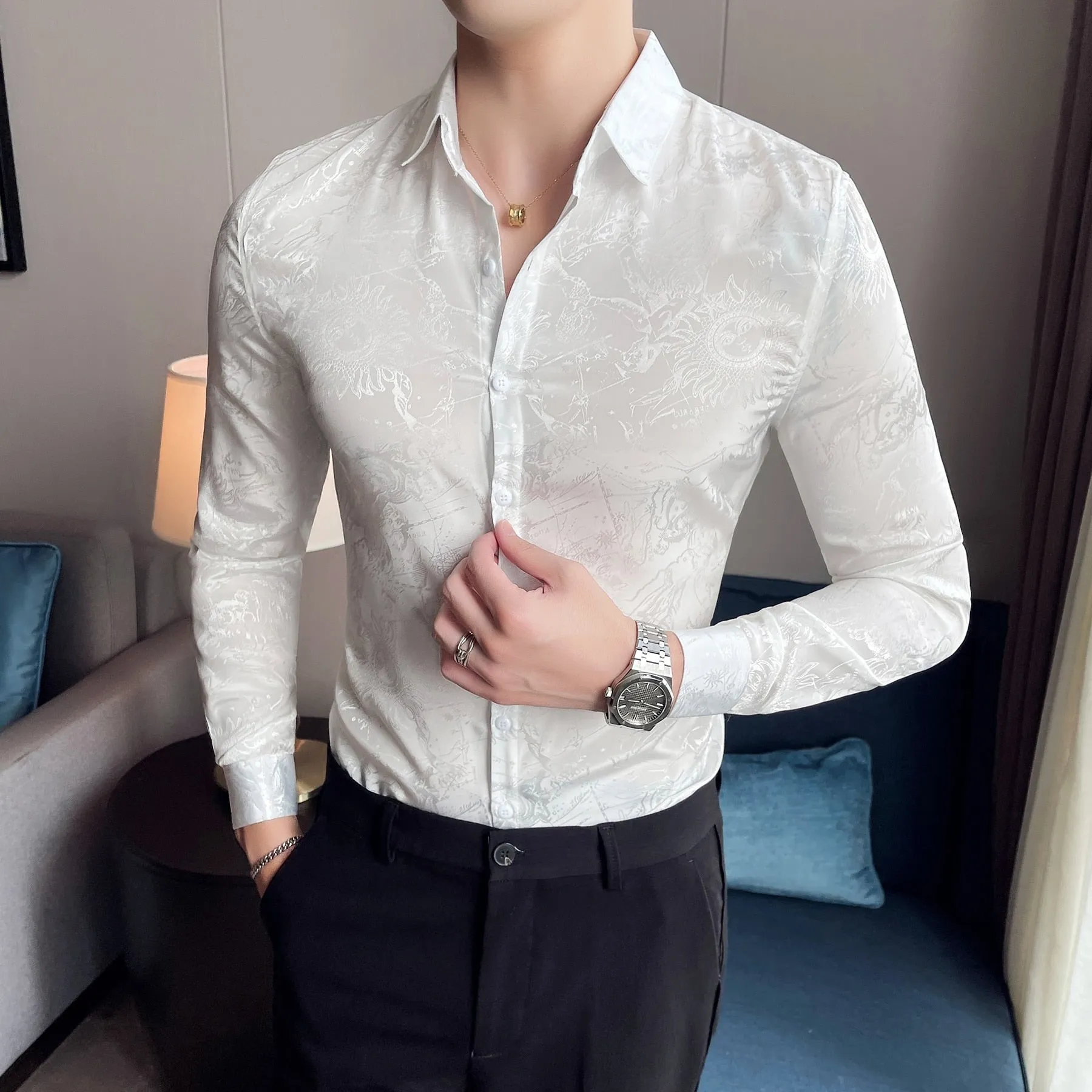 Men's Casual Printed Pattern Streetwear Long Sleeve Tuxedo Slim Fit Shirt