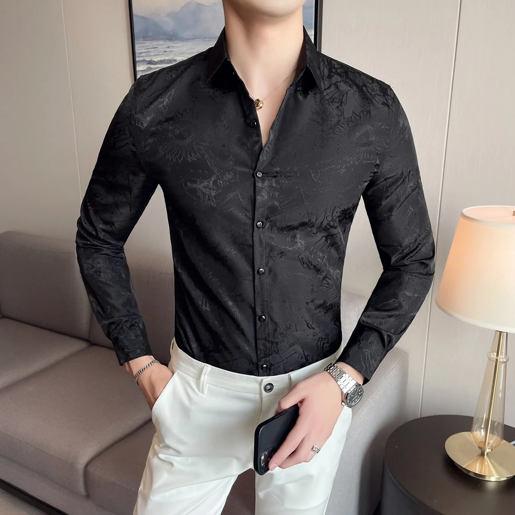 Men's Casual Printed Pattern Streetwear Long Sleeve Tuxedo Slim Fit Shirt