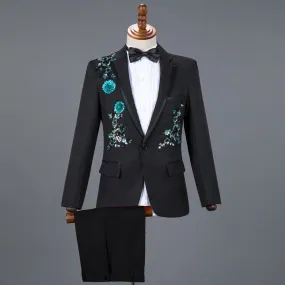 Men's Diamond Floral Tuxedo Slim Fit Blazer Pants Bow Tie Three-Piece Suit