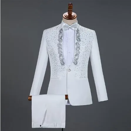 Men's Diamond Floral Tuxedo Slim Fit Blazer Pants Bow Tie Three-Piece Suit