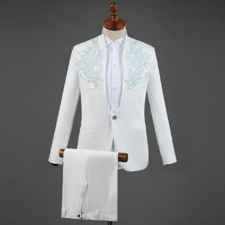 Men's Diamond Floral Tuxedo Slim Fit Blazer Pants Bow Tie Three-Piece Suit