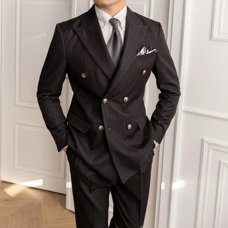 Men's England-Style Double-Breasted Skinny Pin Stripe Two-Piece Suit